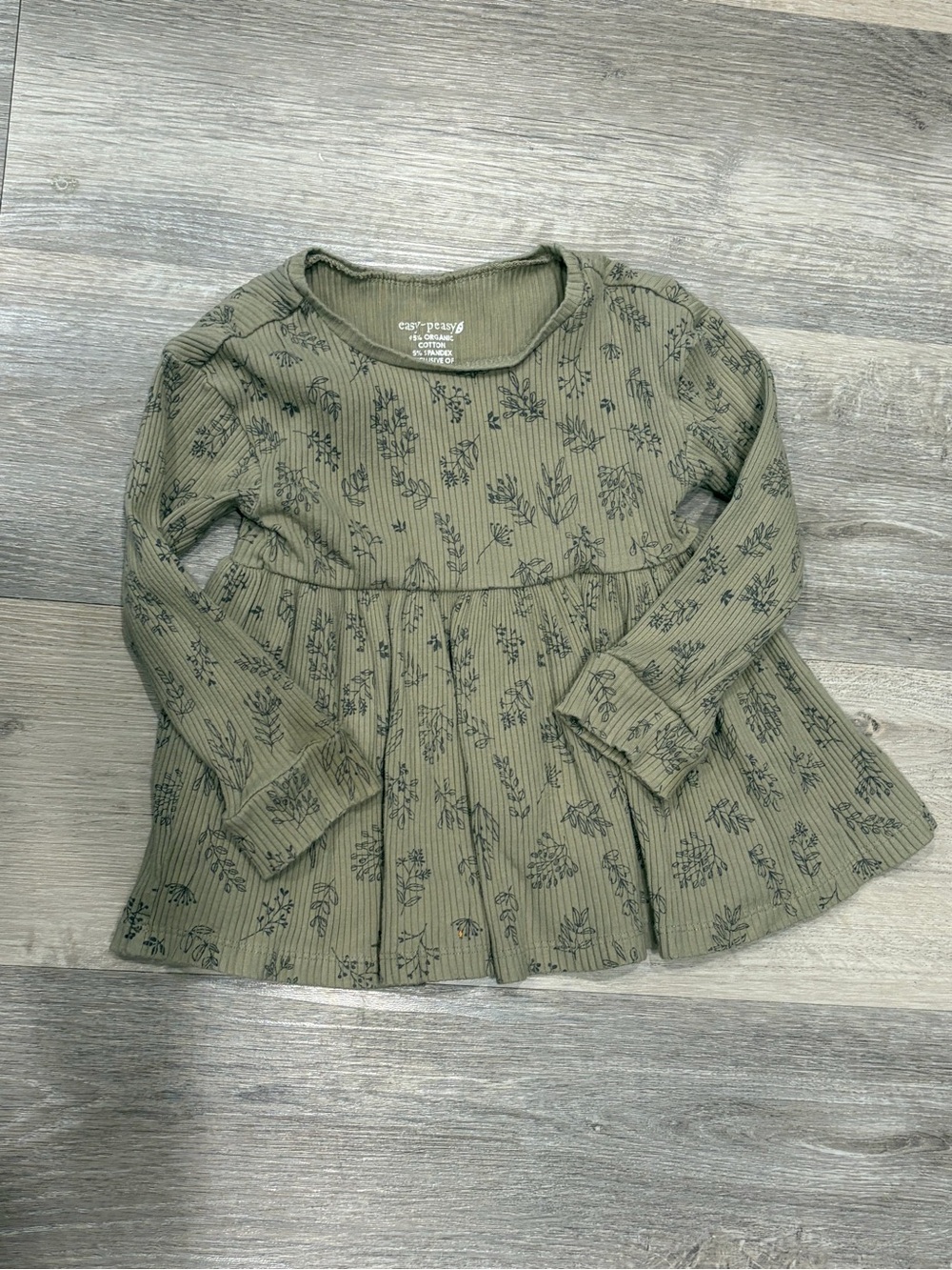 Easy Peasy Olive Green Floral Ribbed Long-Sleeve Top for Kids